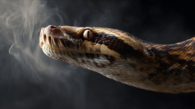 Horizontal Macro Profile of a Large Python Snake Head Surrounded by Wisps of Smoke Against a Moody Dark Background