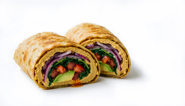 Healthy chickpea wrap cut in half showing fresh internal layers, isolated on a white background.