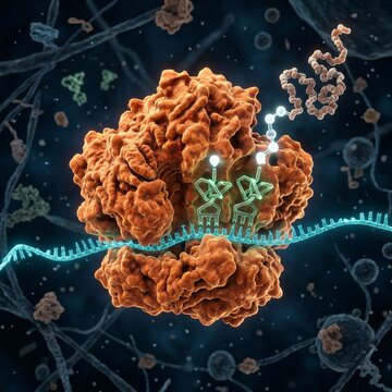 Detailed 3D Render Of Ribosome Translating MRNA Into Protein In A Microscopic View