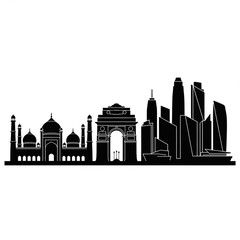 Fototapeta premium A black silhouette vector graphic of the New Delhi skyline with famous landmarks like the Taj Mahal and India Gate