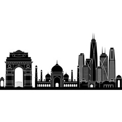 Fototapeta premium A black and white vector graphic illustration of the New Delhi skyline with famous landmarks and modern skyscrapers