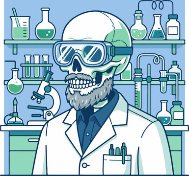 Illustration of a skeleton scientist with a beard in a laboratory.