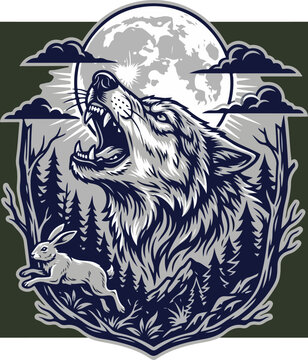 Illustration of a snarling wolf howling at the full moon with a rabbit in a forest.