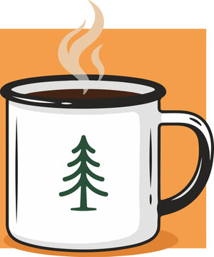 Illustration of a steaming camping mug with a pine tree icon.