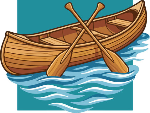 Illustration of a wooden canoe with crossed paddles floating on water.