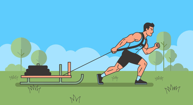 Man running with weighted sled outdoors.