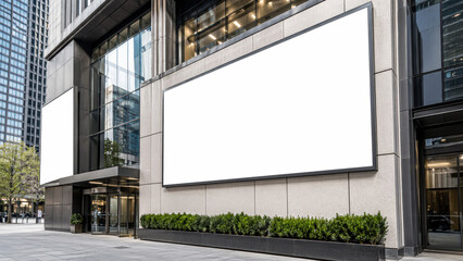 Obraz premium Large blank billboards on a modern city building invite advertising opportunities amidst urban architecture.