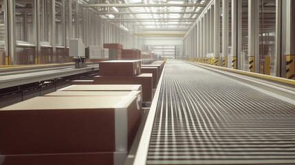 Fototapeta premium Automated conveyor belt moving packages in logistics center