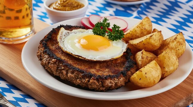 Hearty German leberkase served with crispy potato wedges and a fried egg. A mug of golden beer and a mustard dish complete this traditional Bavarian meal on a checkered tablecloth.