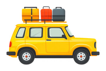 Naklejka premium Yellow vintage car with stacked luggage on roof isolated on transparent background