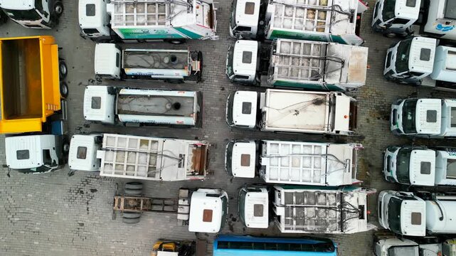 Dump truck parking, drone top-down shot