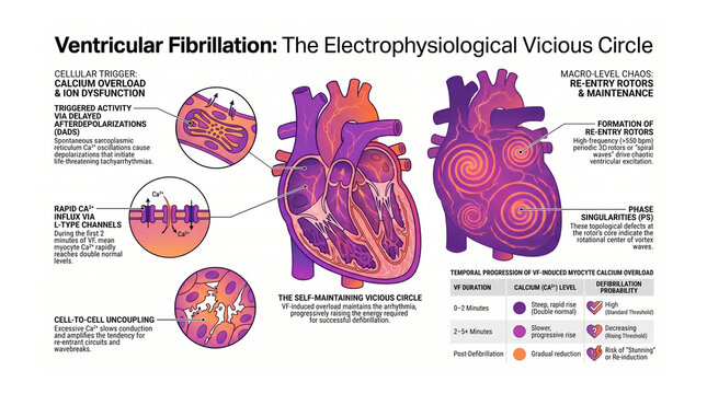 Ventricular Fibrillation: The Electrophysiological Vicious Circle - Calcium Overload, Ion Dysfunction, and Re-Entry Rotors Medical visualization