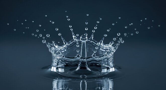 Water splash crown with central droplet on dark blue background, macro high speed photography of liquid ripple