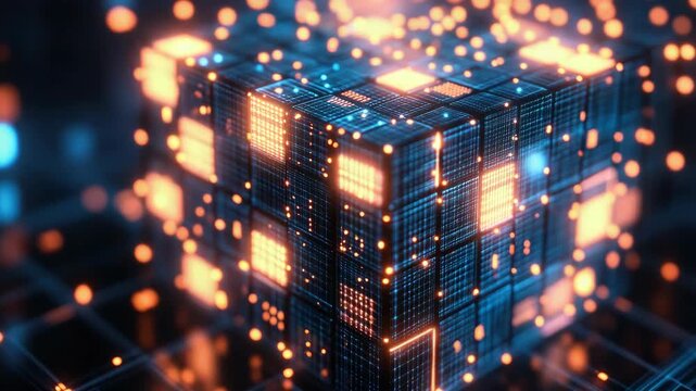 Computer graphic of a digital cube with glowing edges in blue and orange hues on a white background.