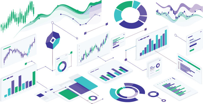 Isometric financial analytics dashboard vector with stock market charts, business reports, data visualization panels and performance metrics