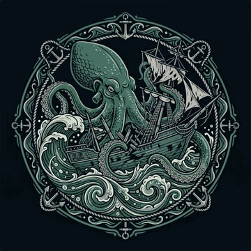 Kraken attacking a vintage sailing ship in a circular nautical frame.