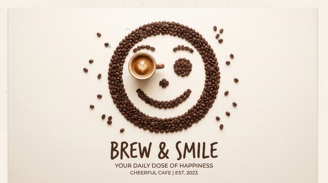 Cup of coffee forms one eye in smiling face made of coffee beans on light background, minimal banner for cheerful cafe branding.