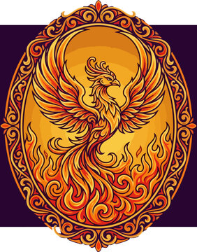Majestic phoenix bird rising from flames in ornate oval frame.