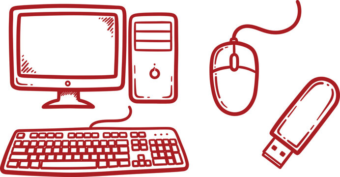 Hand drawn computer setup a sketch of modern technology components in a simple red line art style