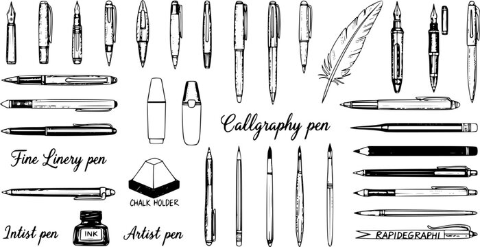 Hand-Drawn Collection of Vintage Writing  Drawing Instruments: Various Pens, Pencils, Quill, Ink, and Chalk Holder in Sketch Style on White Background