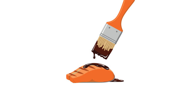 A vibrant orange basting brush meticulously applies a rich dark brown glaze to a perfectly grilled salmon fillet against a minimalist white background.