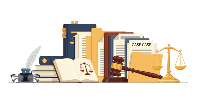 A meticulous arrangement of legal symbols including a wooden gavel, golden scales of justice, law books, and case folders sits on a clean white surface.