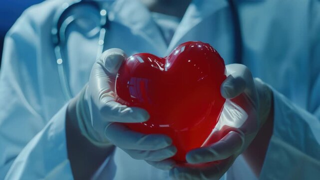 Close-up of a surgeon displaying a heart he has retrieved from the chest cavity during an operation