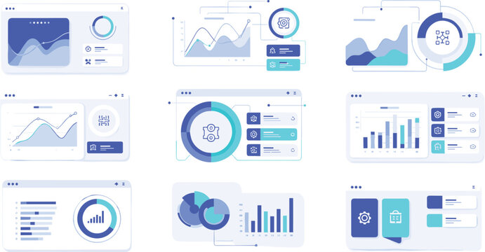 Modern analytics dashboard UI vector set with charts, graphs, data panels and business intelligence interface design elements