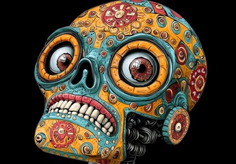 Fototapeta premium Whimsical Teal and Orange Floral Skull Digital Art