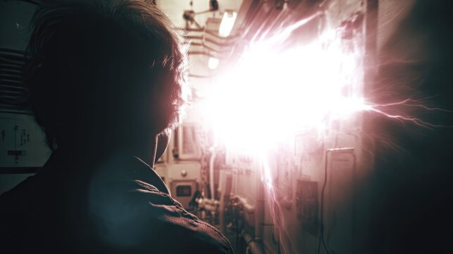 Person standing in an industrial environment, looking at a bright, powerful energy flash with lightning and electricity emanating from a panel, creating a mystical atmosphere