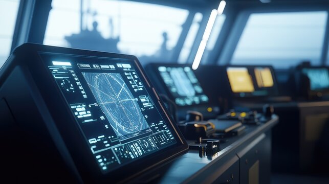 Futuristic bridge control panel displaying digital navigation data