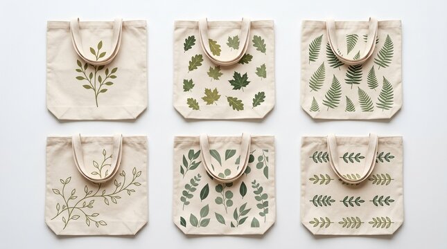 Eco-Friendly Canvas Totes Collection: A collection of stylish eco-friendly canvas totes, each adorned with elegant plant-inspired designs, perfect for a sustainable lifestyle.