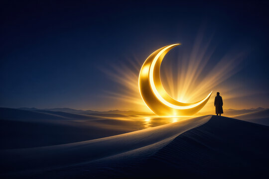 Islamic New Year Hijri Muharram celebration concept with solitary silhouette on sand dune and glowing golden crescent moon portal midnight blue luxury composition June 16