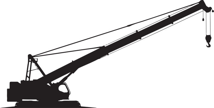 Black silhouette construction crane, heavy industry equipment, vector crane icon, industrial machinery