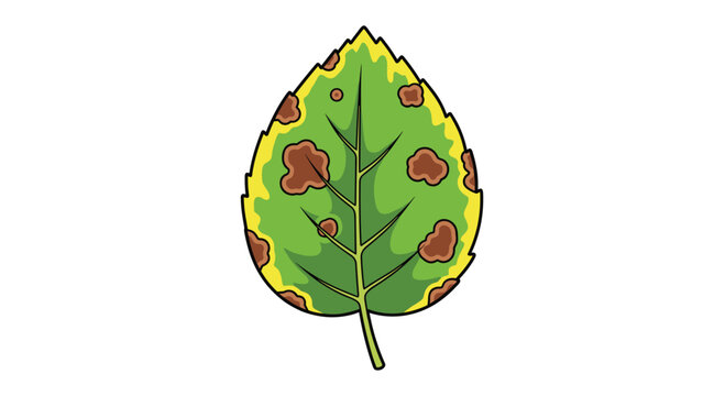 A single vibrant green leaf displays distinct necrotic brown fungal spots and a yellowing outer margin against a clean and minimalist white background.