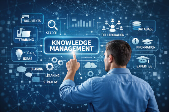 Man in blue shirt interacting with knowledge management interface digital collaboration database information sharing learning strategy expertise technology workflow business tools user interface