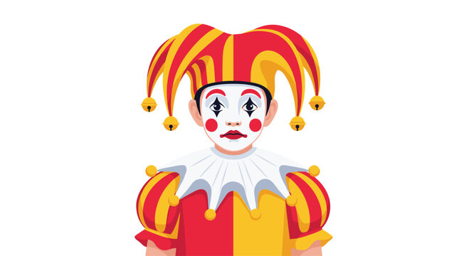A traditional jester character wears a vibrant red and yellow bi-color hat adorned with golden bells while featuring meticulous white facial makeup.