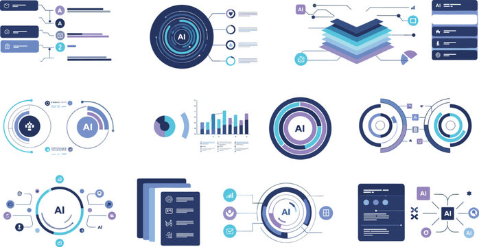 Artificial intelligence infographic elements vector set with data charts, neural networks, dashboard components and digital technology visuals