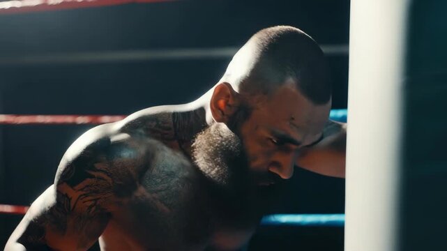 A bearded man with tattoos on his arm, standing inside a ring and looking away from the camera, wearing boxing gloves.