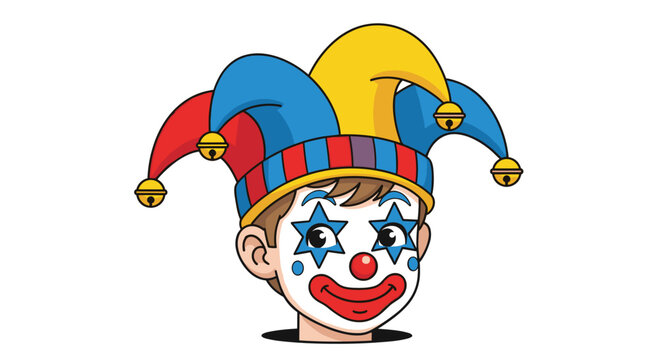 A cheerful jester head features a vibrant multi-colored hat in blue, yellow, and red tones with distinctive blue star makeup around the bright eyes.