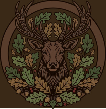 Stag portrait illustration with oak leaves and acorns in a circular frame.