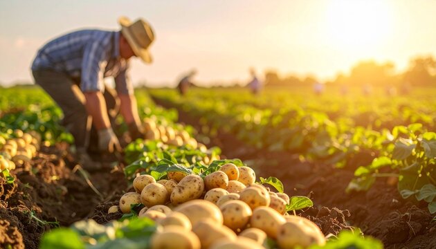 Farmer harvesting potatoes in a field