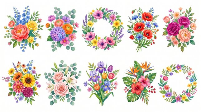 10 golden geometric floral frames collection, elegant gold borders with watercolor blooming flowers pink roses and yellow botanical elements, luxury wedding invitation graphic design clipart bundle