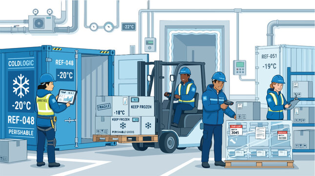 Logistics workers in a cold storage facility managing frozen perishable goods with forklifts and scanners, illustrating efficient supply chain operations and cold chain management.