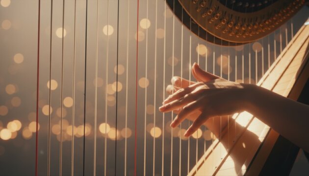 Close up of delicate hands playing a classical harp with strings glowing under warm lights and soft bokeh circles in the background