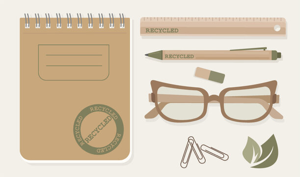 Premium hand drawn vector collection of sustainable school supplies Includes craft paper notepad wood glasses ruler and eco icons Ideal for organic marketing and natural branding 100 percent editable
