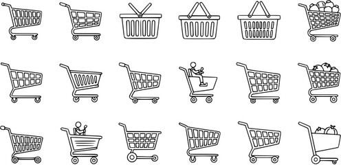 Set of diverse shopping cart and basket line art icons for e-commerce, retail, and market websites. Outline collection for grocery and online store concepts. © kulinadsgn