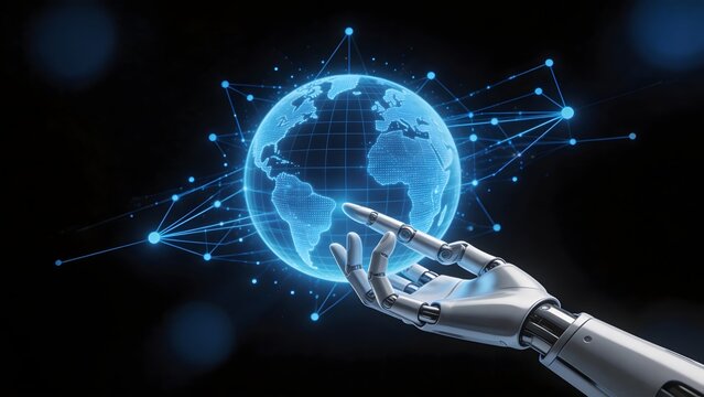 Robot hand holding glowing globe