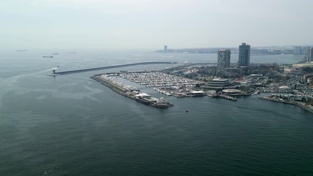 Istanbul Atakoy Marina and Bakirkoy ferry terminal zoom-in shot