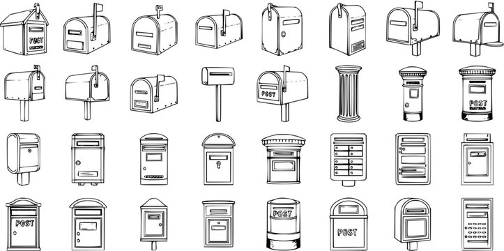 Detailed Hand-Drawn Sketch Set of Various Mailboxes and Postboxes, Outline Vector Collection